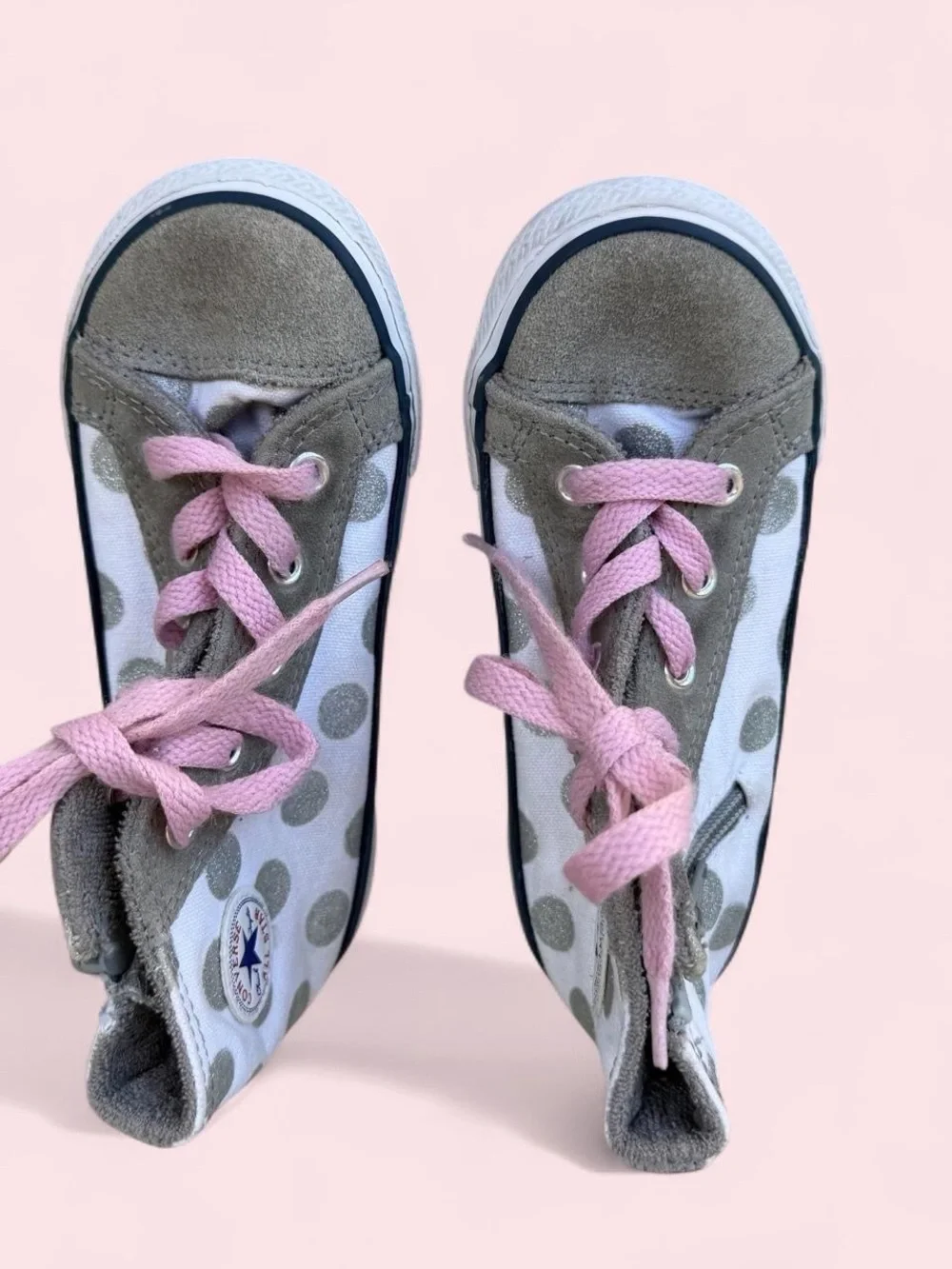 Converse Kids High-Top Sneakers White Gray Polka Dot with Pink Laces Girls 10